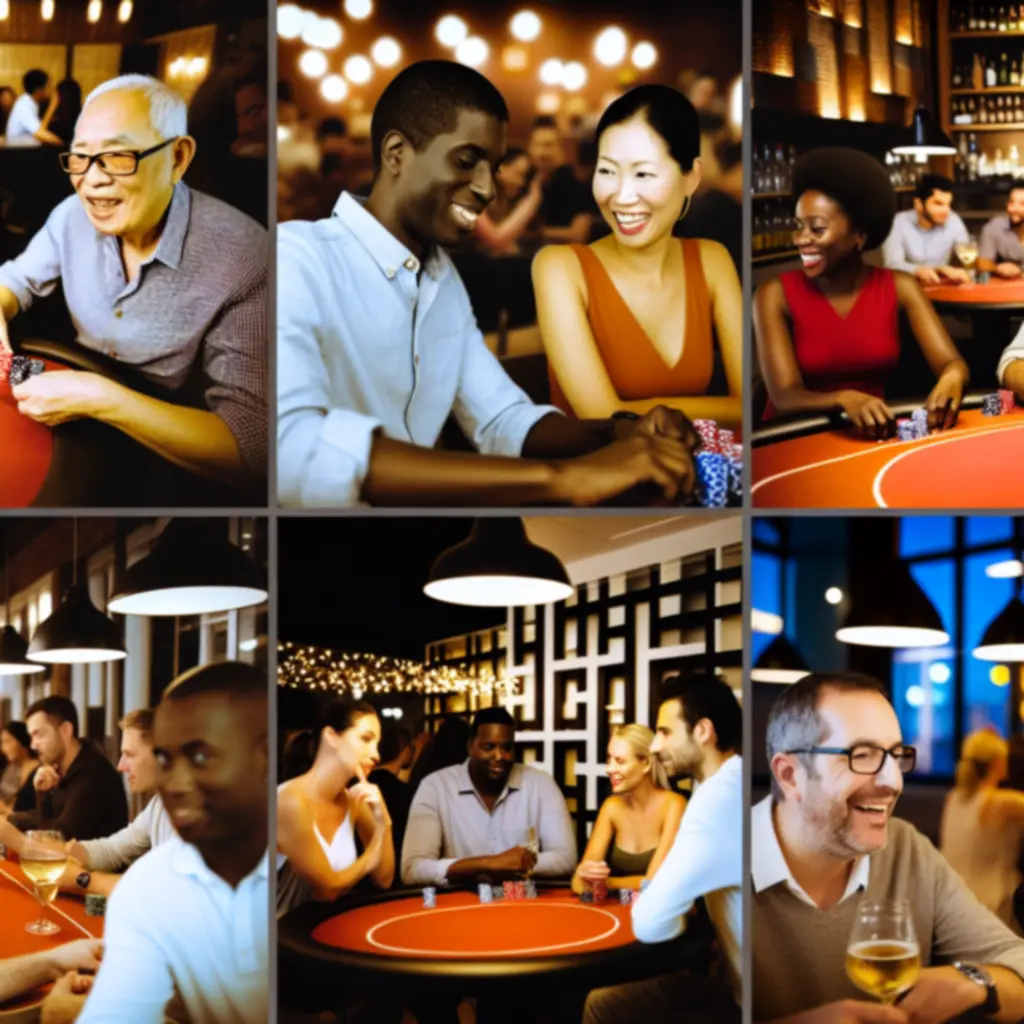 Lively poker night at Suom Fun Ville with players around a glowing table.