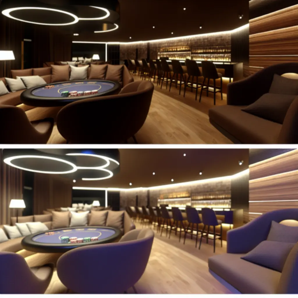 Modern lounge interior at Suom Fun Ville with ambient lighting and plush seating.