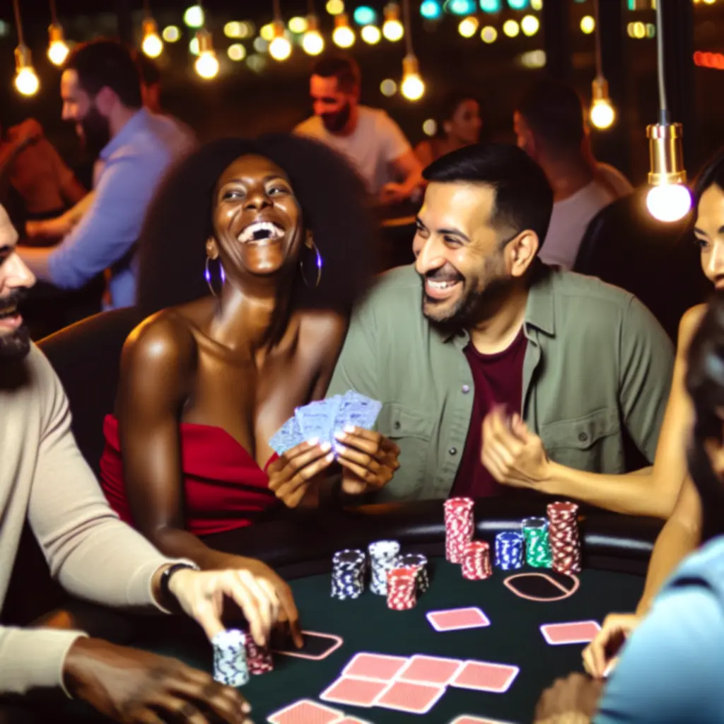 Group of poker players chatting and laughing together around a table at Suom Fun Ville.