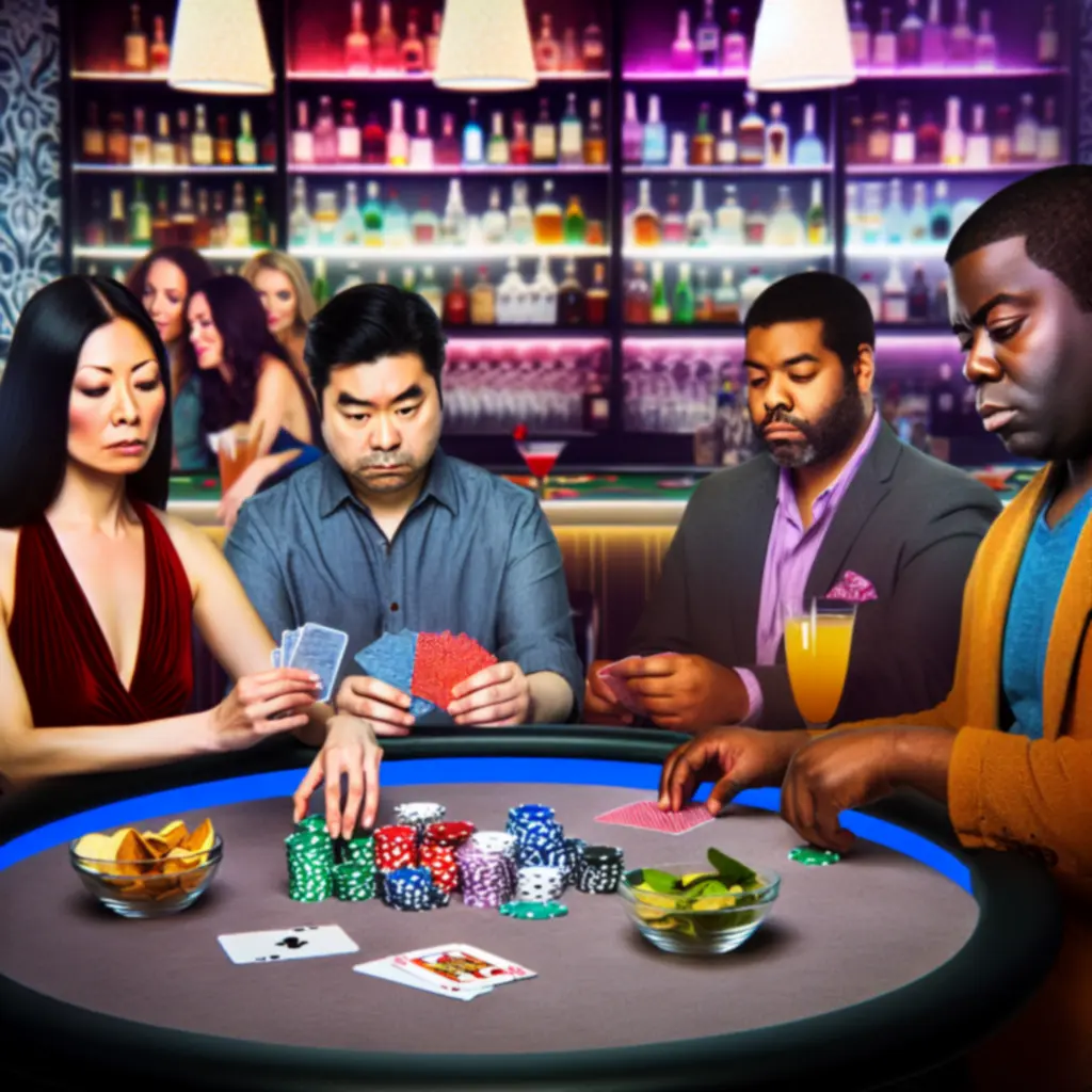 Crowd enjoying poker and drinks at Suom Fun Ville during a busy evening.