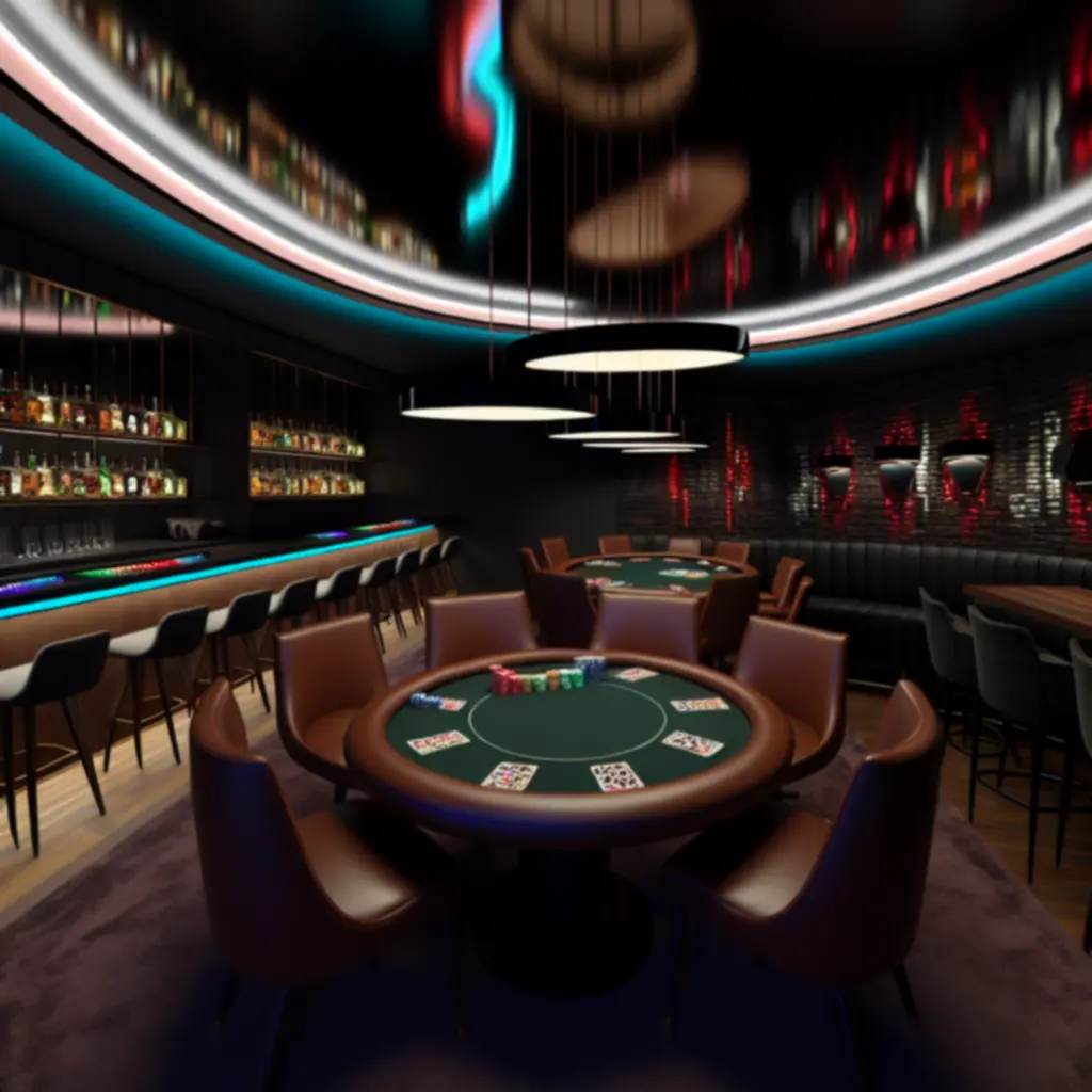 Modern poker room ambience with illuminated tables and a warm, social nightlife glow.
