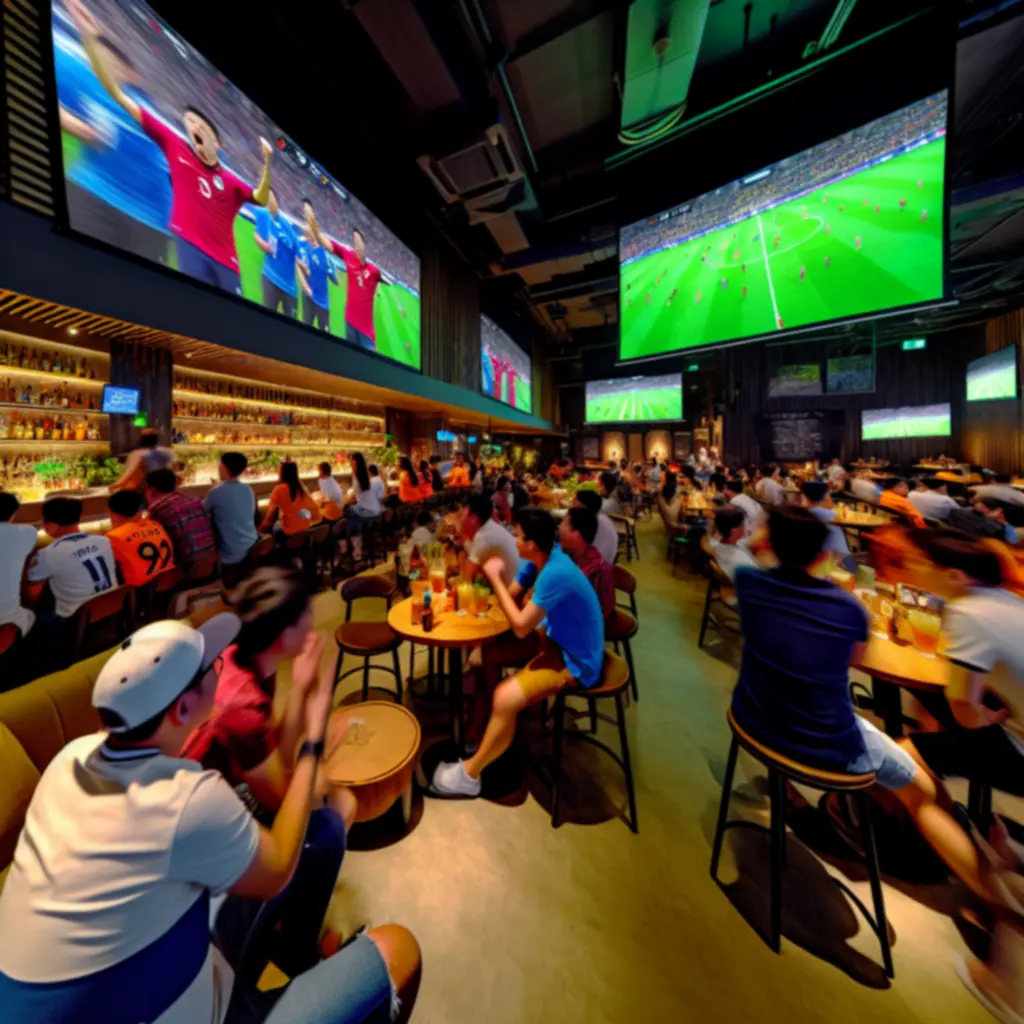 Crowd enjoying live sports screenings on big screens at Suom Fun Ville