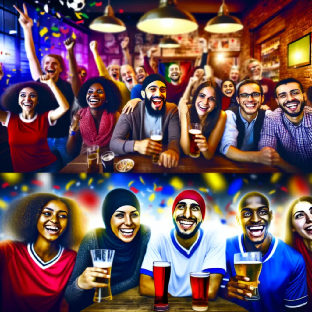 Collage of sports fans, big screens, and celebrations at Suom Fun Ville