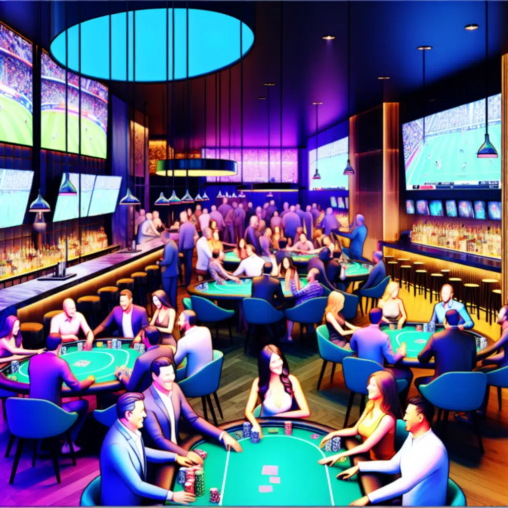 Evening view inside Suom Fun Ville with people enjoying drinks, poker, and sports on big screens.